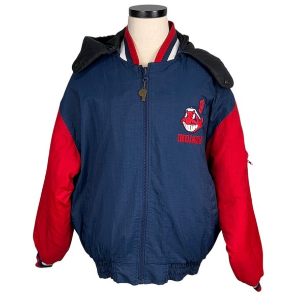 Vintage Cleveland Indians 90s Reversible Puffer Jacket L Navy & Red Pro Player - Picture 2 of 16